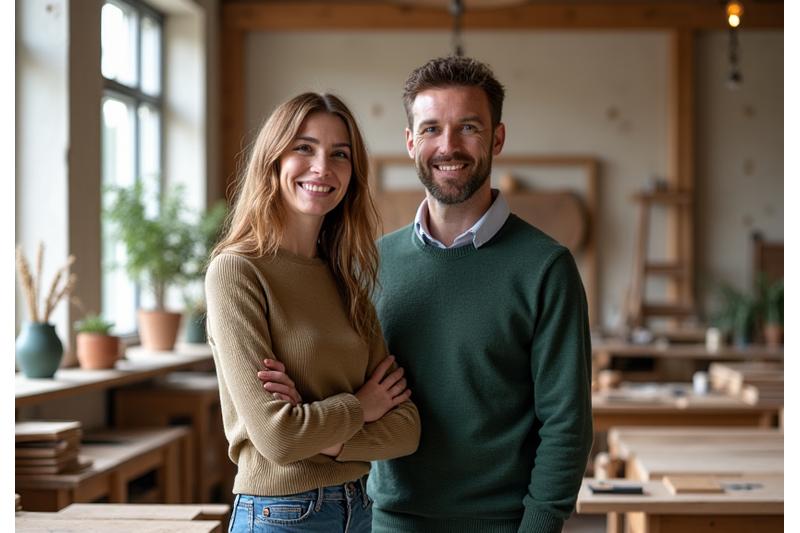 Claddagh Abode founders in their workshop, surrounded by handcrafted furniture pieces and design sketches.