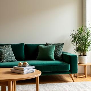Living room with green sofa and wooden elements, part of a Dublin residence project
