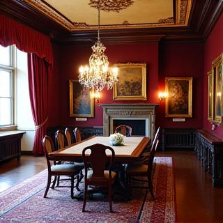 Elegantly restored dining room in a historic building with classic furniture