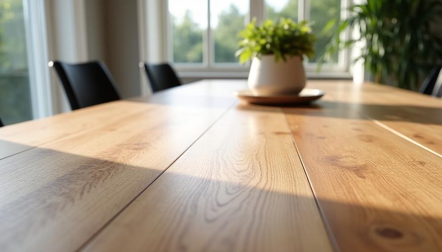 Handcrafted solid oak dining table with unique grain patterns, set in a bright dining room