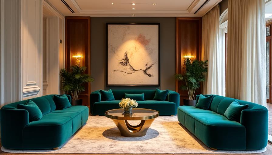 Elegant boutique hotel lobby with plush velvet seating, brass accents, and a large abstract artwork