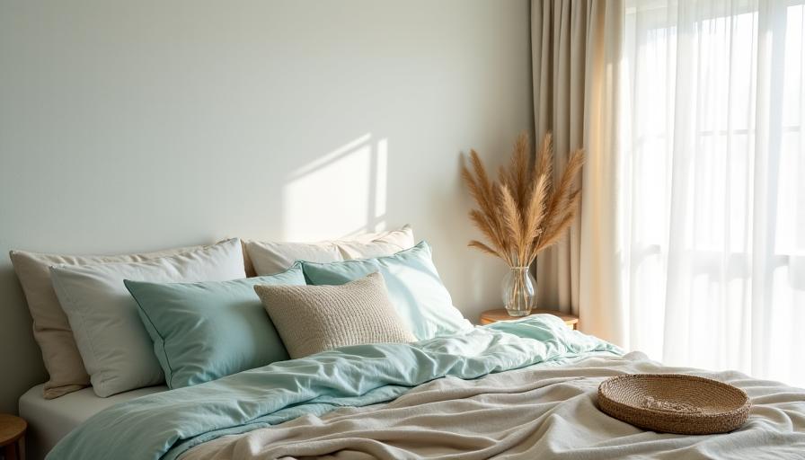 Serene coastal-inspired bedroom with soft blues, linen textures, and natural light