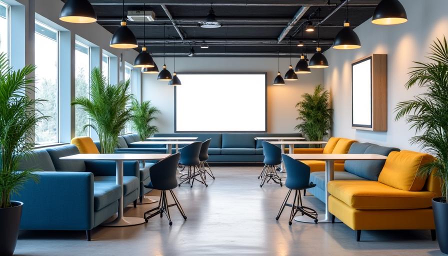 Modern corporate office breakout area with comfortable seating, natural plants, and vibrant accent colors