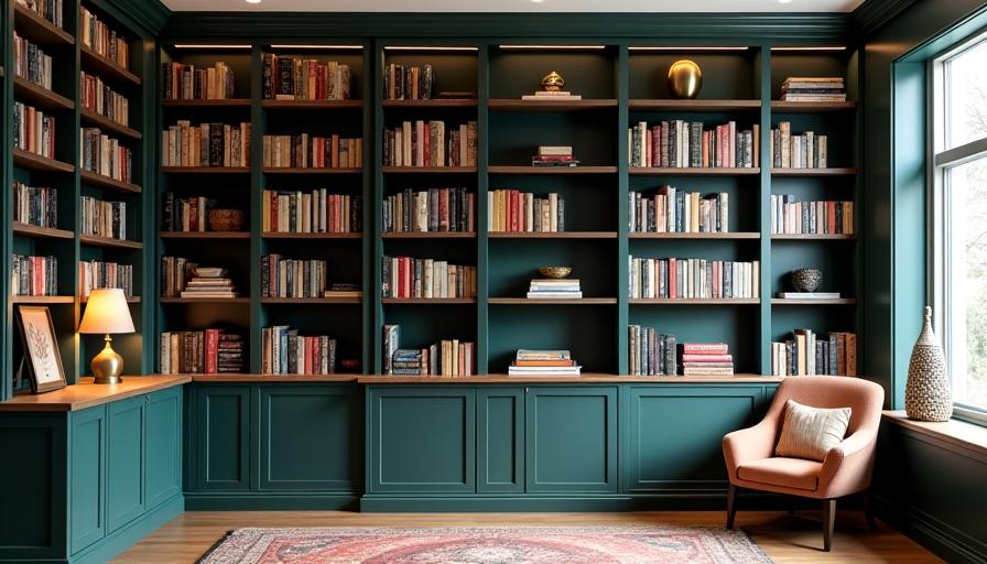 Floor-to-ceiling custom built-in bookshelf in a home study, filled with books and decorative items