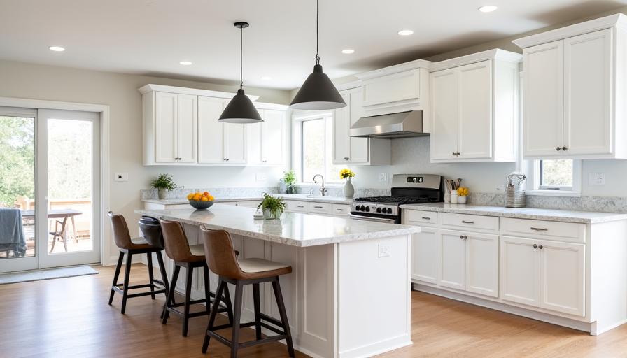 Bright and airy kitchen with white shaker cabinets, marble countertops, and a central island with bar stools
