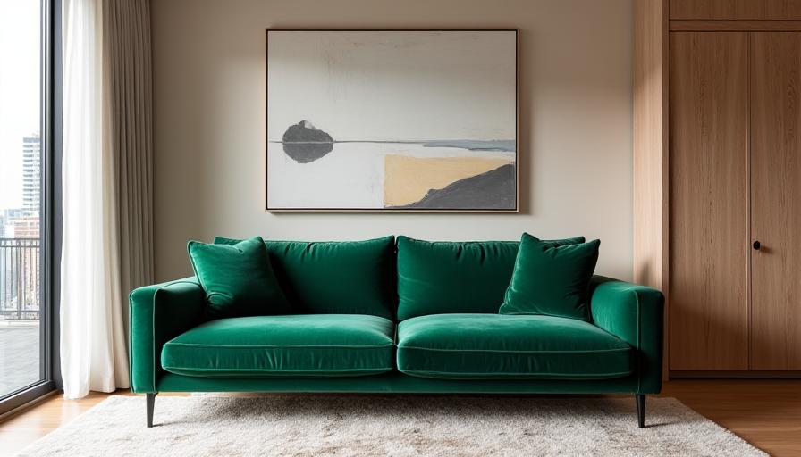 Modern living room with custom emerald green sofa and large window overlooking Dublin city