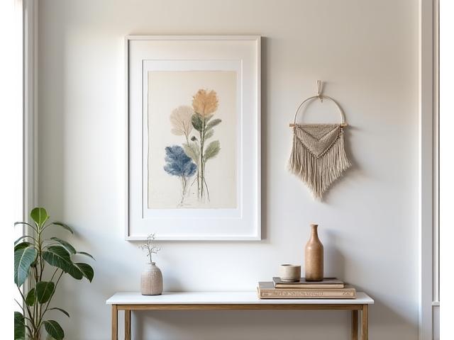 A curated gallery wall featuring diverse artworks in a sophisticated home setting.