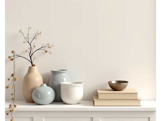 A collection of carefully arranged home decor items, such as ceramics, books, and small sculptures on a stylish console table.