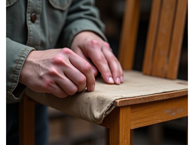A skilled artisan carefully restoring an antique wooden chair, highlighting craftsmanship and attention to detail.