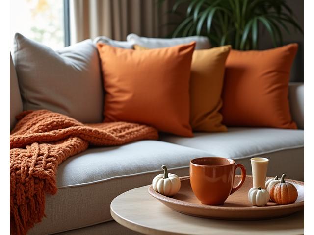 Autumnal decor, such as warm-toned cushions and blankets on a sofa, with pumpkins and leaves, creating a cozy seasonal atmosphere.